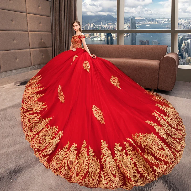 Appliqued Gold Lace Off Shoulder Ball gown wedding Evening pattern Red Muslim Asian European American Traditional dress